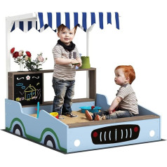 AIYAPLAY Sandpit with Cover, 90 x 120 cm, Made of Solid Wood, Impregnated Children's Sandbox with Benches, Drawing Board, Planters, Mud Kitchen, Sandbox for Outdoor Balcony Garden