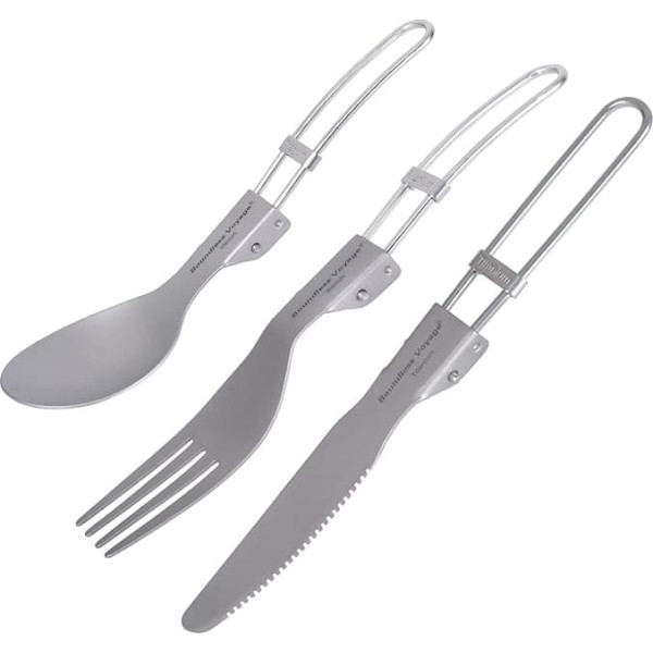 iBasingo Ti1122T Camping Cutlery Set Titanium Folding Knife Fork Spoon Outdoor Travel Portable Tableware Small Lightweight Flatware Business Trip Picnic Hiking Fishing Tableware with Bag