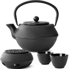 Teapot Asian Cast Iron Set Black 1.1 Litre with Stainless Steel Tea Filter Strainer Insert for Loose Tea Insert with Warmer and Tea Cup (2 Cups)