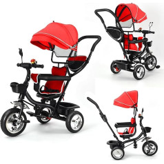 Tricycle for Children, Children's Tricycle with Rotating Seat, Tricycle with Storage Space, Sun Protection, Telescopic Rod and Removable Pedals, Sliding Tricycle for Girls and Boys (Red/Black)