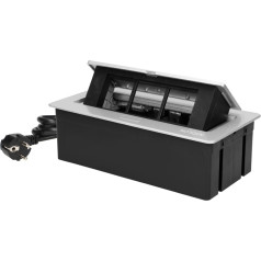 NOEN Iebūvējamā kasete ar iebūvētu PVC rāmi 3 x 45x45 mm vai 6 x 22,5x45 mm moduļu rozetēm, vads 1,5 m, sudraba krāsā.