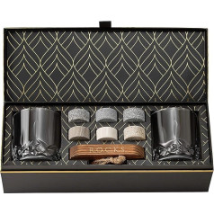 Rocks Whiskey Stones Set - 6 Handmade Round Granite Whisky Stones - 2 Crystal Whisky Glasses - Hardwood Presentation and Storage Board - Whisky Gift Set Box with Gold Foil
