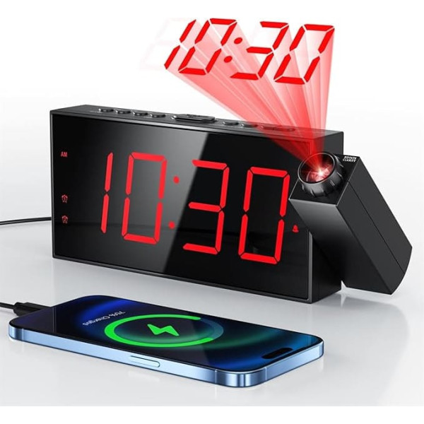 Mesqool Projection Alarm Clock, Loud Alarm Clock with 180° Rotating Projector, 5 Level Brightness Dimmer, Clear LED Display, USB Charger, 9 Minute Snooze, 12/24H DST