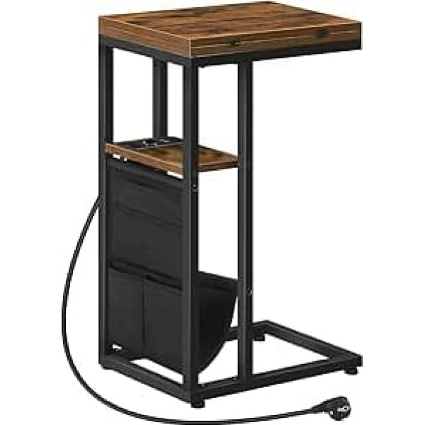 HOOBRO Side Table with Charging Station, C Shape Coffee Table with Storage Bag, Folding Sofa Table for Living Room, Bedroom, Small Spaces, Vintage Brown and Black EBF101CSF01