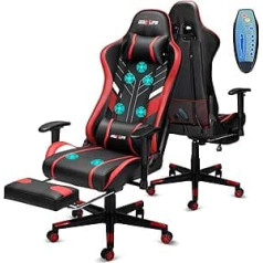 Douxlife Gaming Chair with 7 Point Massage, Footrest, Ergonomic Office Chair, 90-175° Backrest Adjustable, Adjustable 2D Armrest, PC Gamer Chair, Desk Chair, 180 kg, Black Red