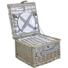 2 Person Grey Checked Fitted Wicker Willow Picnic Hamper Basket with Cooler Cutlery Plates