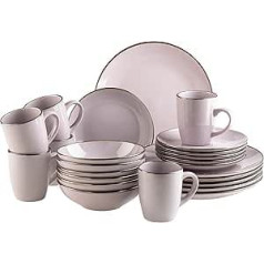 Modern Crockery Set for 6 People with Brass Rim, 24 Piece Crockery Set with Rimless Coupe Shapes, Lavender