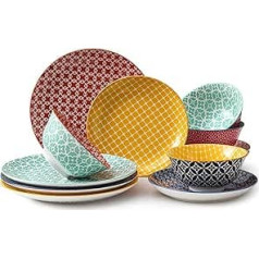 DOWAN Ceramic Plate Bowl Sets, 12-Piece Tableware Set for Birthday Gifts, Colourful Tableware Set for 4 People, Porcelain Dessert Plates and Soup Bowl Set, Housewarming Gift