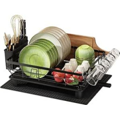 Boosiny Dish Drainer Stainless Steel Dish Drainer with Utensil Holder, Cup Holder, Chopping Board Holder and Extra Drying Mat (Black)