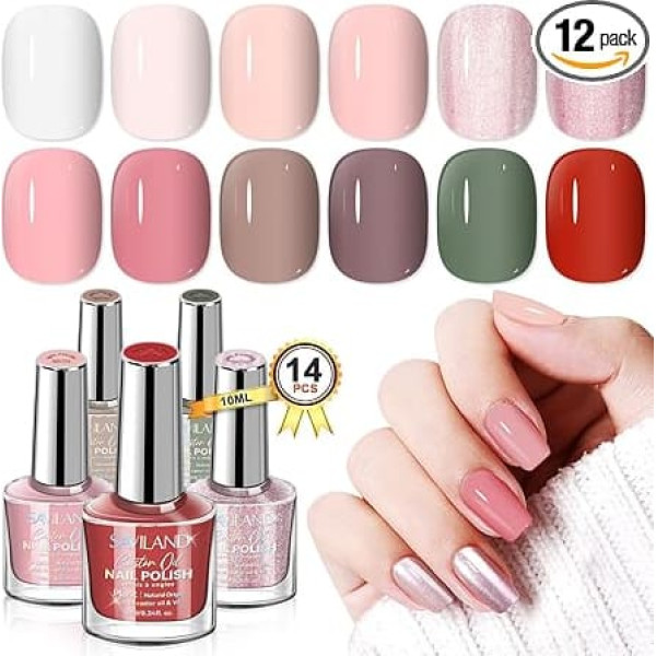 Saviland 14 Piece Nail Polish Set with Base/Top Coat: 12 Colours Classic Trendy Quick Drying & Long Lasting Shimmer Non-Toxic Water Based No UV Nail Polish DIY Nail Art