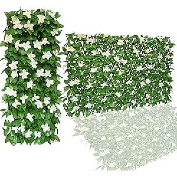 HomeSun Expandable Fence 200 x 100 cm Privacy Screen for Balcony Patio Outdoor Decorative Faux Ivy Fencing Panel Artificial Plant Wall (One-Sided Leaves) (2, White Flower)