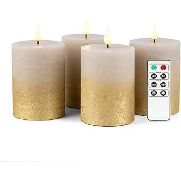 Fanna 4 LED Flameless Real Wax Candles Rustic Design, Battery Candles with Timer for Christmas Decorations and Advent, Remote Control and Batteries Included - H 10 cm - Sand Grey/Gold