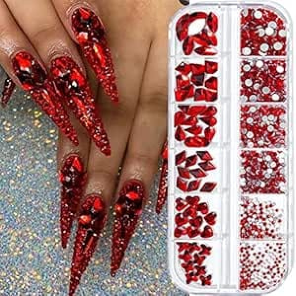 735 Pieces Red Nail Rhinestones for Acrylic Nails Red Stones for Nails Crystals 3D Nail Diamonds Art Decoration Craft DIY (Red)