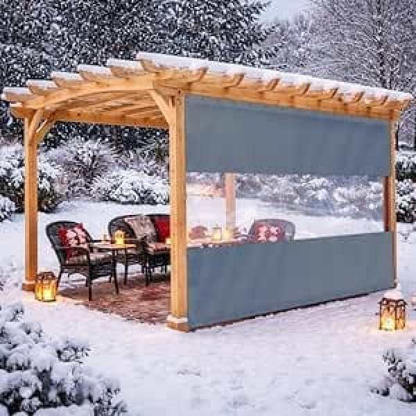 18oz Grey Vinyl Outdoor Curtain with Clear Tarp Weatherproof Curtain with Rustproof Grommets for Pergola, Porch, Gazebos, 8x8ft