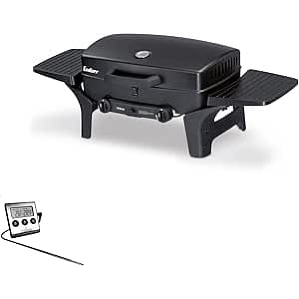 Enders Urban Gas Barbecue Bundle with Extra Meat Thermometer - 2 Stainless Steel Burners Continuous Mobile Compact Grill, Table Grill with Powder-Coated Steel Grill Cover, Side Shelves, Black