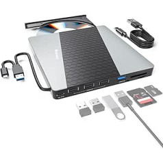 External CD DVD Drive, USB 3.0 USB C, Portable CD DVD-+/-RW Burner CD Player for Laptop with SD/Micro SD Card Reader, 8 in 1 Hub, Compatible with Laptop, Mac, PC, Windows, Linux