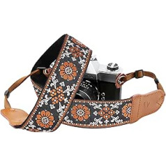 Padwa Lifestyle Camera Strap - 2 Inch Cowhide Head Camera Strap for Photographers, Vintage Jacquard Embroidery Woven Cotton Adjustable Shoulder Neck Strap for Cameras, Binoculars - Brown Flower