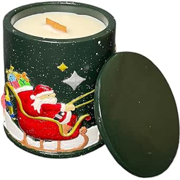 Christmas Aroma Scented Candle with Santa & Sleigh & Reindeer & Gifts | Soy Wax Wooden Wick Ceramic | Germany Handmade | Mandarin, Cinnamon & Nutmeg | 45 Hours Burning Time (Santa Colourful)