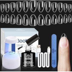 Beetles Gel Nail Tips Set with 5-in-1 Nail Glue and UV LED Lamp, 240 Pieces Short Almond Nail Tips Kit Nail Extension Set Transparent Nail Tips DIY Manicure Gifts for Women