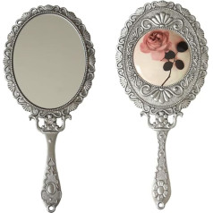 SEHAMANO Handheld Mirror with Handle, Compact Handheld Makeup Mirror, Rose Cosmetic Mirror (Matte Silver)