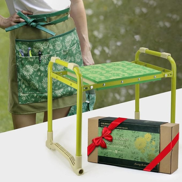 Colwelt Garden Stool and Kneeler, Garden Seat and Kneeler, Heavy Duty with 26cm Wide Soft Knee Pad, Non-Slip Garden Bench for Kneeling and Sitting with Elegant Apron, Garden Gifts