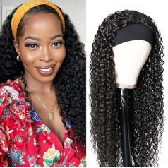 Wig with Headband Human Hair Curly Glueless Brazilian Wig Curly No Lace Headband Wig Deep Wave Wigs for Women Black Natural Color 26 Inch