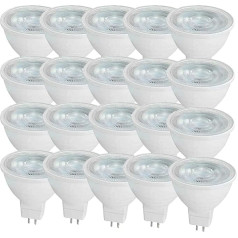 Pack of 20 MR16 LED Bulbs, 6 W LED GU5.3, Equivalent to 60 W MR16 Halogen Bulb, Cool White, 6000 K MR16 LED Spotlight, GU5.3, 600 Lumens, Non-Dimmable, AC/DC 12 V