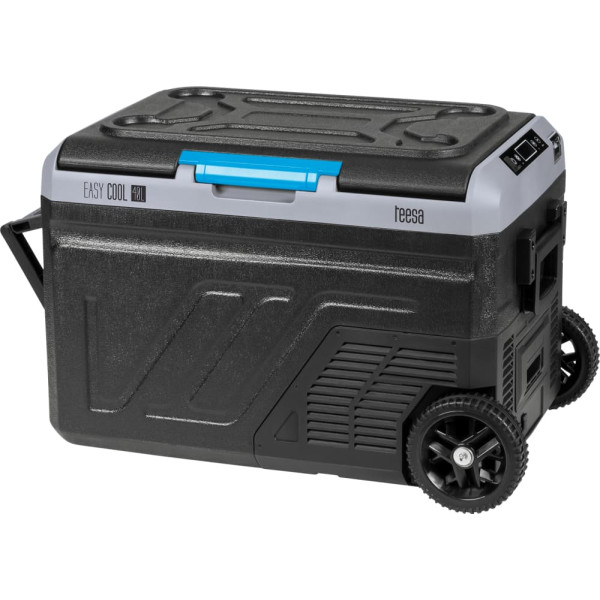 Profesionāls tūrisma kompresora ledusskapis ar saldēšanas funkciju, 40L DC12/24 AC 230V akumulators, lieli riteņi un izturīgs rokturis, Bluetooth, divi nodalījumi.