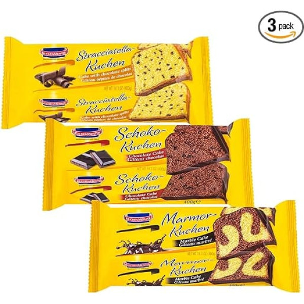KuchenMeister Set of 3 Cake Tasting Set, Includes Stracciatella Cake, Chocolate Cake, Marble Cake, Juicy Loose, 3 x 400 g