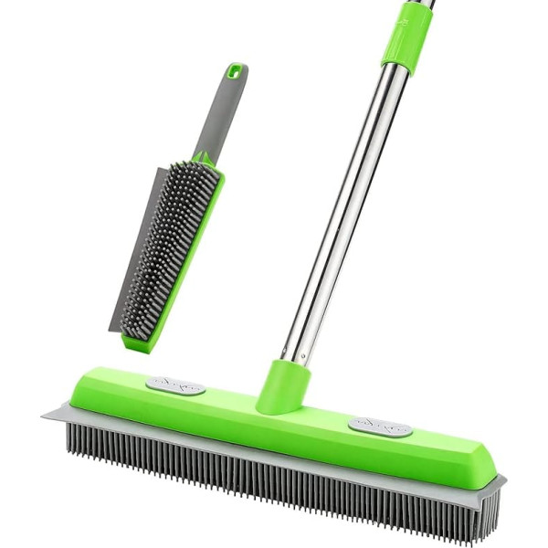Rubber Broom Carpet Rake for Pet Hair Remover, Fur Remover Broom with Squeegee, Portable Detailing Lint Remover Brush, Pet Hair Removal Tool for Lint, Carpet, Tiles, Windows (Green)