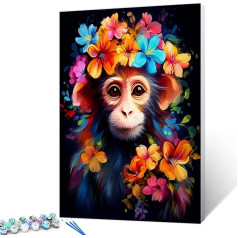 Tucocoo Monkey Flowers Paint by Numbers Kit with Brushes and Acrylic Pigment on Canvas Painting for Adults, Cute Animal Close-up Picture for Home Wall Decor Gifts 40x50cm