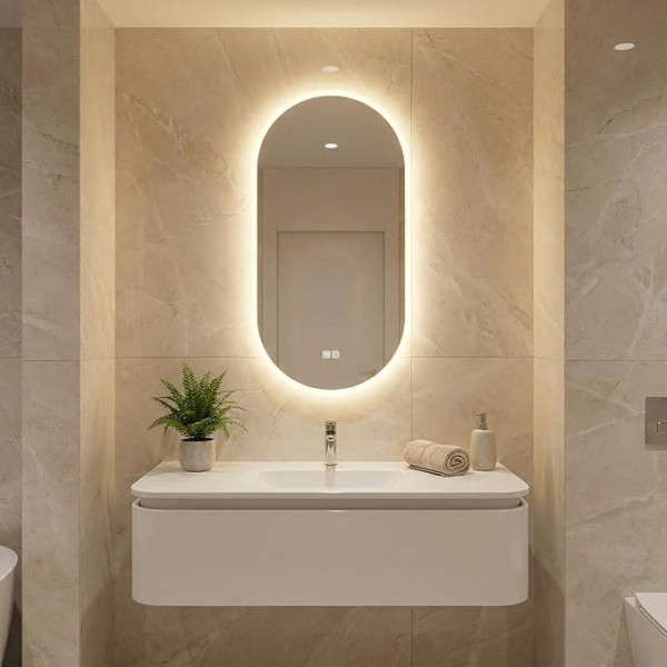 Bayt Bathroom Mirror - Oval Wall Mirror with Lighting - Anti-Fog - 2 Light Levels - 50 x 90 cm - White