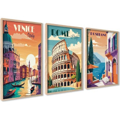 ag.art deco Vintage Poster 30 x 40 cm, Travel Poster Set for Wall Decoration, Living Room, Bedroom, Art Print with Italian City Pictures, 3 x Pictures, No Frames