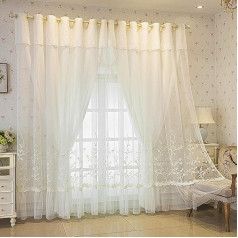 Amidoudou 1 Pair Double Layer Flower Curtains for Girls Room Living Room Pastoral Flowers Embroidered Curtains for Bedroom (White, 66 x 84 Inch)