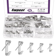 Swpeet 75 pieces, 5 sizes, 10 lb/20 lb/30 lb/50 lb/100 lb silver picture hangers with nail assortment kit, metal picture hanging hooks, high-performance frame picture hooks, picture hanging hardware