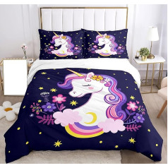 Unicorn Bed Linen Set, Children's Bed Linen 3D Printed Unicorn Cartoon Duvet Cover, Soft Microfibre Duvet Cover with 2 Pillowcases 50 x 75 cm for Girls (Purple Unicorn, 135 x 200 cm)