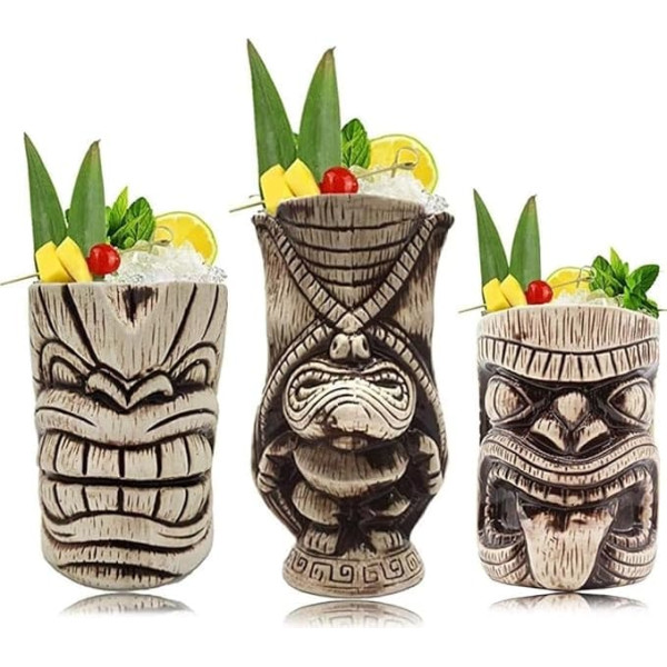 Tiki Mug Set - Large Ceramic Tiki Mugs, Cocktail Cups for Mai Tai, Punch, Pina Colada and Tropical Bar Drinks (Tikiset)