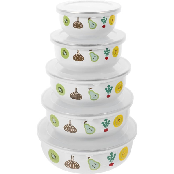 BESTonZON Set of 5 Enamel Bowls with Lid, Enamel Crockery Set, Mixing Bowl Set, for Keeping Fresh Large Mixing Set for the Kitchen for Serving Cereal