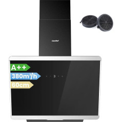 COMFEE' CH60J64ET4A2B A++ Cooker Hood 60 cm, Head Freezer Hood 60 cm Recirculation and Extraction Air, 380 m³/h Airflow, Stainless Steel/Glass Design with Touch Screen, LED, Extractor Hood with Carbon Filter, Black