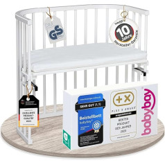 babybay Original Side Bed, Solid Beech Wood / Compact & Transformable / Cot Height Infinitely Adjustable, Environmentally Friendly / Grows with Your Child (White Lacquered) / Includes Mattress