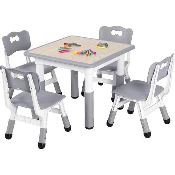 Clevich Children's Table with 4 Chairs, Children's Table Chair Set, 60 x 60 x 60 cm, Plastic Children's Furniture, Height Adjustable Children's Seating Set for Children's Room, School, Daycare Centre (Grey, Square Table)