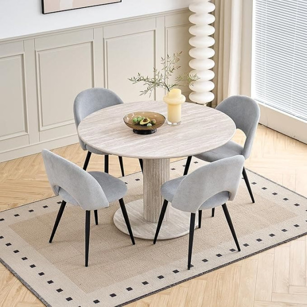 115 cm Round Dining Table with 4 Dining Chairs, Kitchen Table Made of MDF (Travertine Grain) and 4 Padded Chairs for Kitchen, Dining Room, Living Room and Office (Grey Table + Grey Chairs