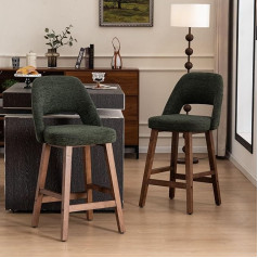 YOUNIKE Bar Stools Set of 2 Boucle Fabric, 67 cm Seat Height Bar Stools with Hollow Backrest, Padded Kitchen Stools with Solid Wood Legs, Rustic Counter Stools for Kitchen/Home Bar/Dining Room, Green
