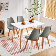 EGGREE Rectangular Dining Set with 4 Chairs Kitchen Table Wooden Table | White Table + 4 Grey Chairs