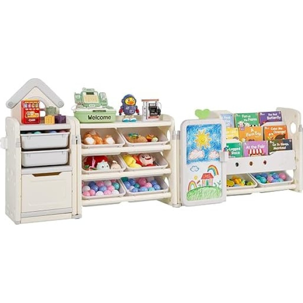 VEVOR Toy Storage Bookcase Toy Shelf HDPE 4-Tier Multifunctional Shelf with 10 Flexible Plastic Containers & Drawing Board for Bedroom Classroom (Grey + Beige)