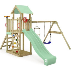 Wickey MultiFlyer Light Play Tower Climbing Frame, Swing & Pastel Green Slide, Outdoor Children's Climbing Tower with Sandpit, Ladder & Play Accessories for the Garden