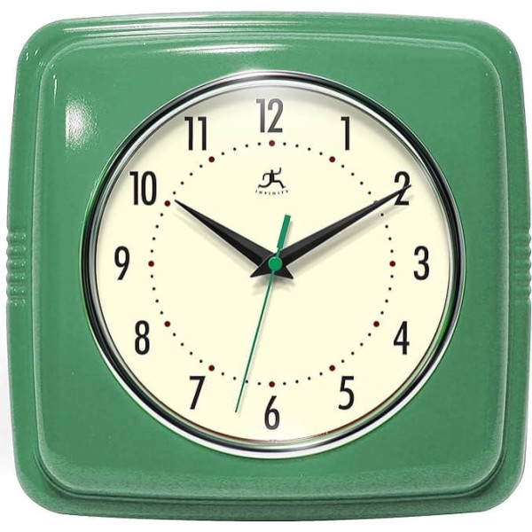Infinity Instruments Square Silent Retro Wall Clock 9 Inch Mid Century Modern Kitchen Dining Room Retro Wall Clock Quartz Movement (Green)