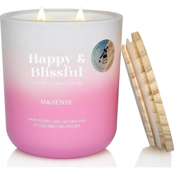 M&SENSE Scented Candle, Litchi Cherry Rose Scented Candles in Glass, 400 g Large Soy Candle with Two Wicks, 80 Hours Burning Time, Aromatherapy Candle for Yoga, Spa, Meditation, Gift for Girlfriend