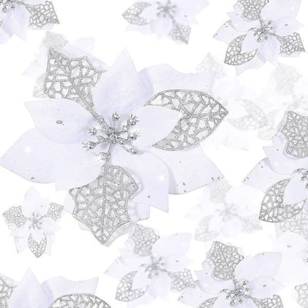 WILLBOND 36 Pieces Christmas Glitter Artificial Poinsettia Flowers Christmas Flower Decorations Wedding Christmas Tree New Year Ornaments (White)