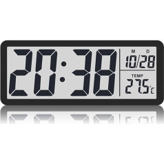 InteDesign Digital Wall Clock Bedside Table Large Digital Wall with 12/24 Hour Temperature Charging Ports Battery Operated for Bedroom Living Room School Office Garage (Black)